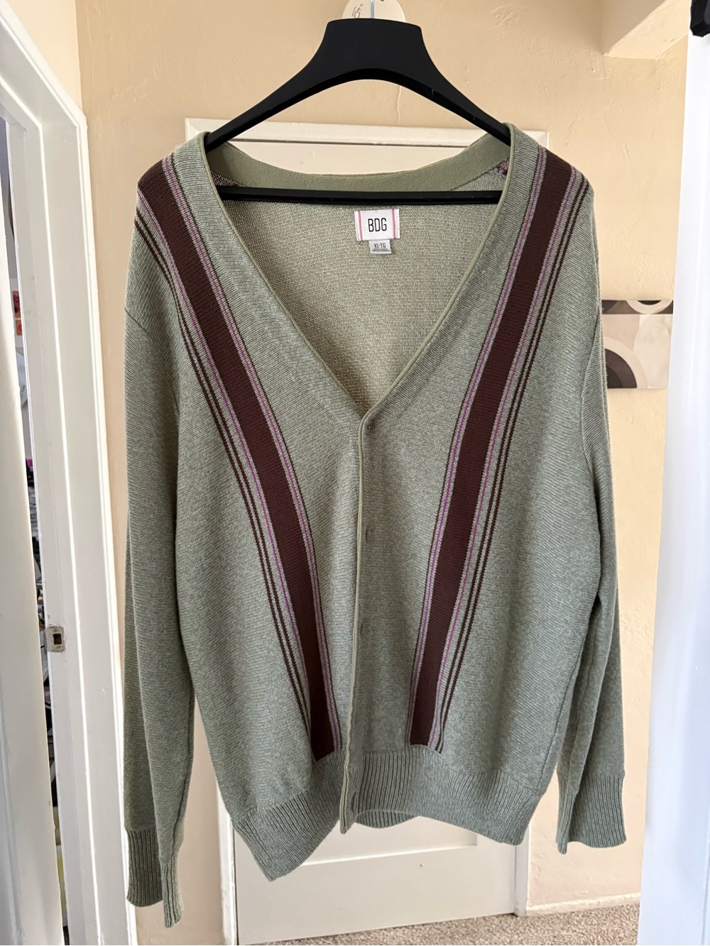 BDG Sage Green V-Neck Cardigan with Brown and Mauve Stripes